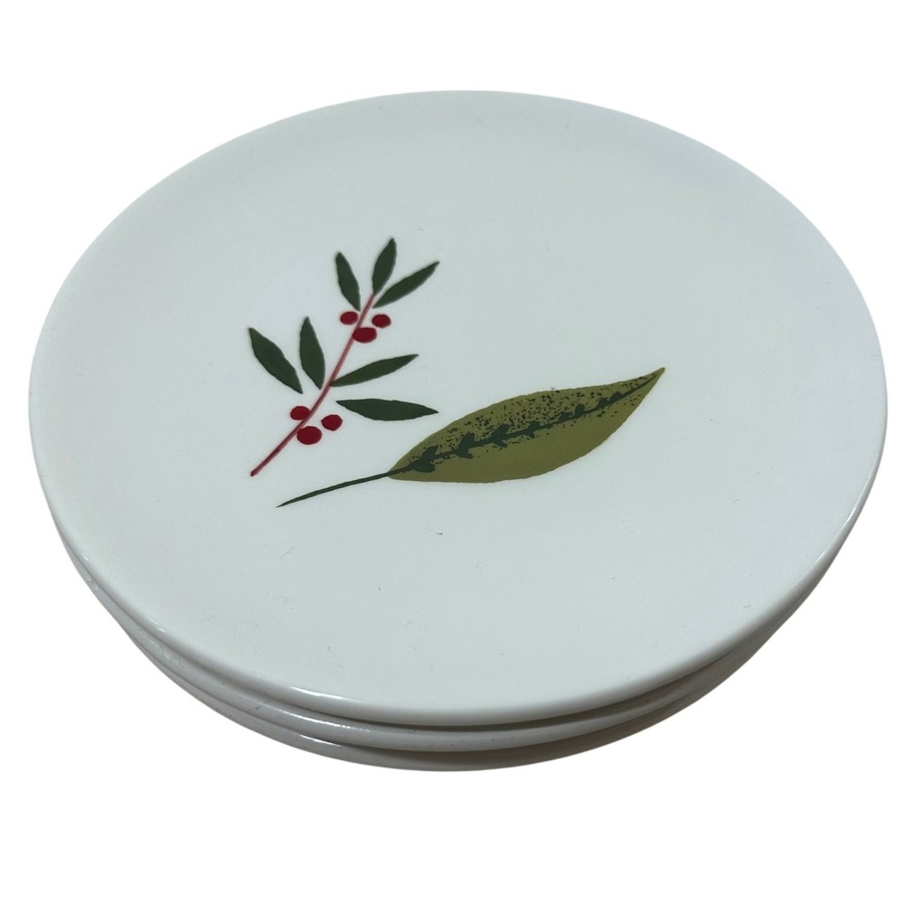 Crate & Barrel Botanical Appetizer Plates Set of 4 White Ceramic Holly 6.25in